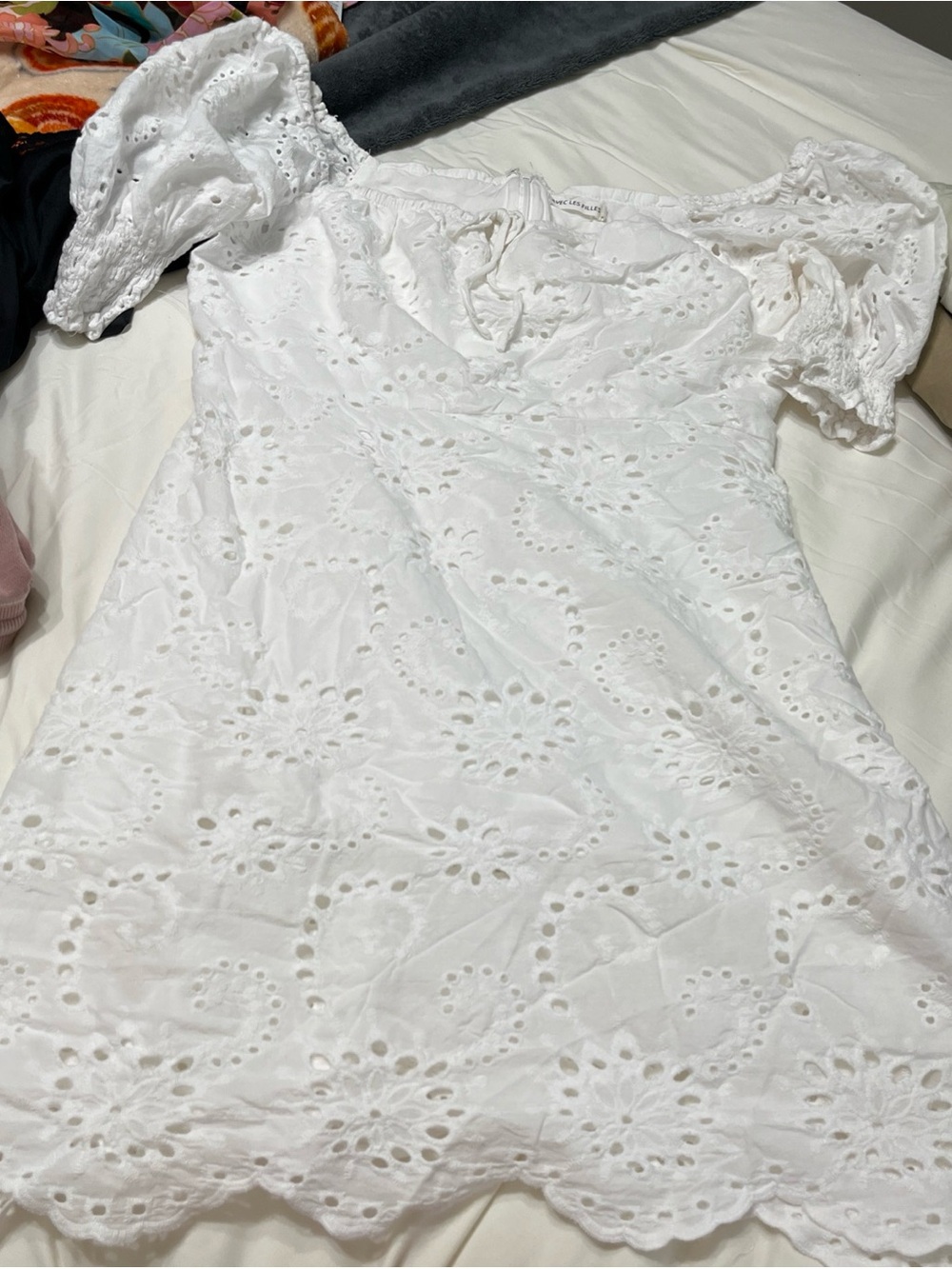 Avec Les Filles White Cotton Eyelet Midi Dress with Puff Sleeves